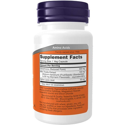 Now Foods Glutathione with Milk Thistle Extract and Alpha Lipoic Acid 500mg 30 Vcaps