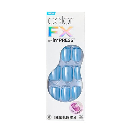 KISS imPRESS No Glue Mani Press-On Nails Color FX Meta Medium Blue Short Size Squoval Shape Includes 30 Nails Prep Pad Instructions Sheet 1 Manicure Stick 1 Mini File