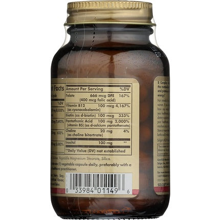 Solgar B-Complex 100 Vegetable Capsules - Heart Health Nervous System Support Energy Metabolism - Non GMO Vegan Gluten Free Dairy Free Kosher Halal - 50 Servings