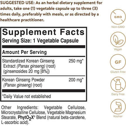 Solgar Korean Ginseng Root Extract Vegetable Capsules - Supports Energy and Vitality for Improved Concentration - Vegan Standard Packaging