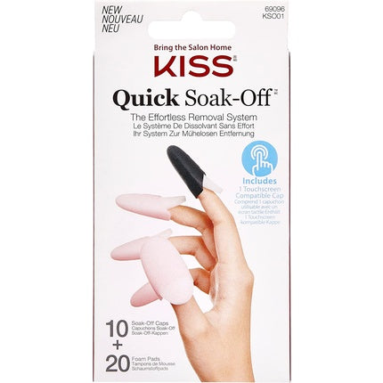 KISS Quick Soak-Off Removal System for Fake Nails and Nail Polish with 10 Reusable Caps and 20 Disposable Foam Pads and Manicure Stick