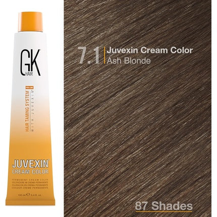 GK HAIR Global Keratin Professional Hair Color Cream Tube 3.4 Fl Oz/100ml Nourishing & Cleansing Colors for Styling High Performance Long Lasting Semi Permanent Natural Toner Dye Ash 7.1 Blonde