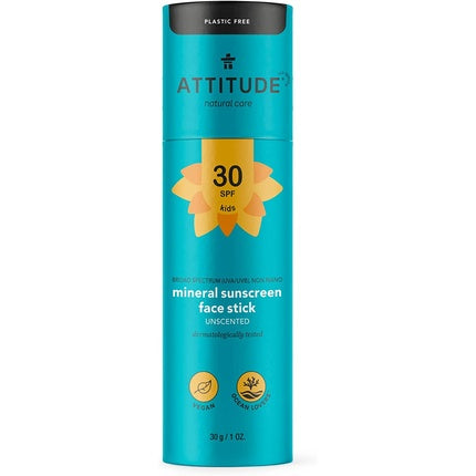 ATTITUDE Face Sunscreen Stick SPF 30 Plant and Mineral-Based Ingredients 30g Unscented