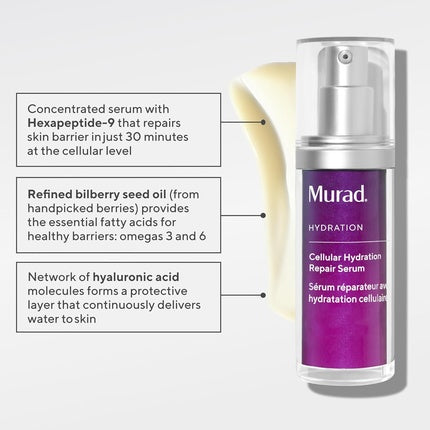 Murad Cellular Hydration Barrier Repair Serum Hydrating Face Serum Repairs Lipid-Depleted Skin Barrier Hexapeptide-9 Bilberry and Hyaluronic Acid Delivers Stronger Healthier Skin 1 Fl Oz 1 Ounce