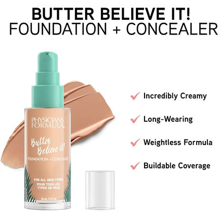 Physicians Formula Murumuru Butter Believe It! Foundation + Concealer with Butter for Radiant Glow Light-to-Medium Light Medium