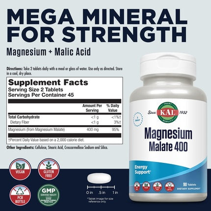 KAL Magnesium Malate 400mg Chelated Supplement with Malic Acid 90 Veg Tabs