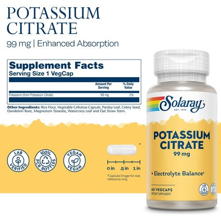 Solaray Potassium Citrate Healthy Electrolyte Balance Nerve Muscle Function Support Vegan 60 VegCaps