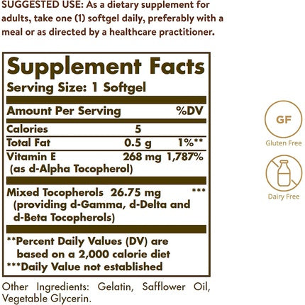 Solgar Natural Source Vitamin E 268mg Softgels - Protects Cells From Oxidative Stress - Immune System Support - Vegan and Gluten Free
