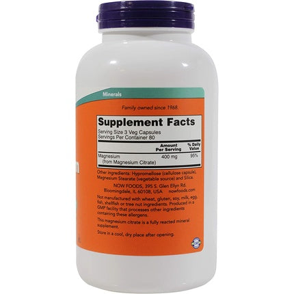 NOW Magnesium Citrate 400mg 240 Veg Capsules