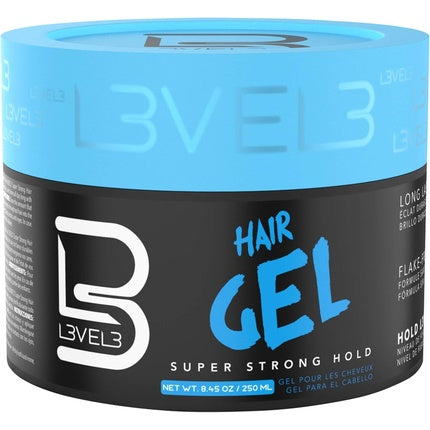 L3VEL3 Super Strong Hair Gel Creates Sleek Long Lasting Hairstyles Gives Volume and Adds Shine Water Based and Flake Free Formula Clean and Refreshing Scent Rinses out Easily 250ml Super Strong Hold