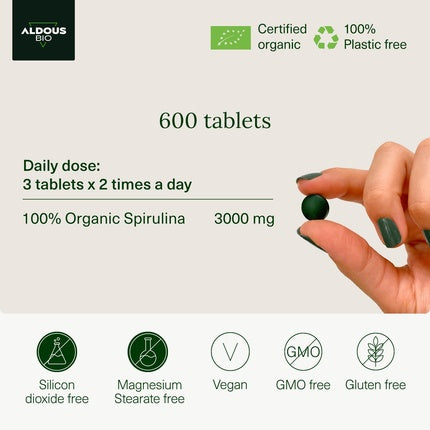 600 Organic SPIRULINA Tablets 3000mg per Daily Dose Satiating Detox 100% Natural Energy Tablets Spirulina Powder Immune System Booster Rich in Protein Vitamins Plastic Free Made in EU 600 Count