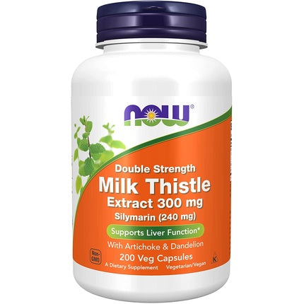 NOW Supplements Silymarin Milk Thistle Extract 300mg with Artichoke and Dandelion Double Strength 200 Veg Capsules