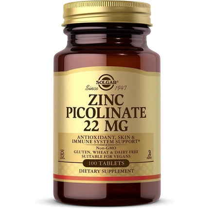 Solgar Zinc Picolinate 22mg Tablets - Healthy Skin, Hair and Nails - Highly Absorbable Premium Form, Easy to Swallow - Vegan