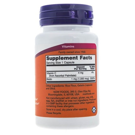 NOW Supplements Biotin 1000mcg Amino Acid Metabolism and Energy Production 100 Capsules