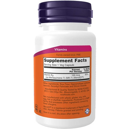 NOW Supplements MK-7 Vitamin K-2 100mcg Cardiovascular and Bone Health Support 60 Veg Capsules
