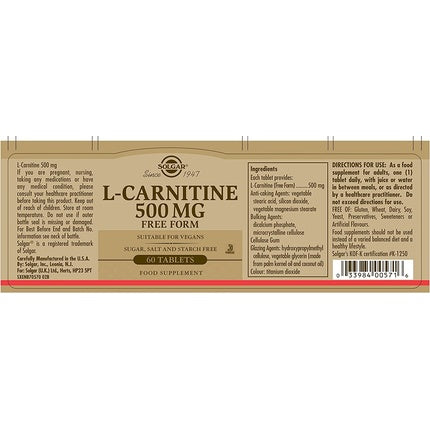 Solgar L-Carnitine Tablets 500mg Metabolism Support 60 Tablets - Vegan, Gluten Free and Kosher