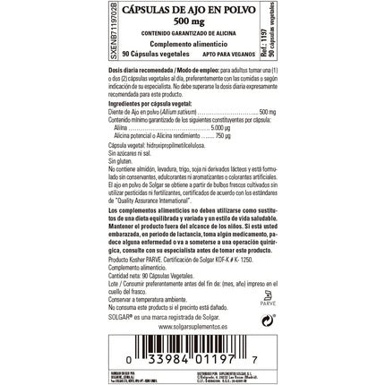 Solgar Garlic Powder Vegetable Capsules, 500 Mg, 90 Count