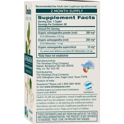 Himalaya Organic Ashwagandha Herbal Supplement for Stress Relief 670mg 60 Caplets