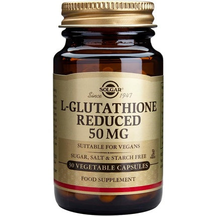 Solgar L-Glutathione Reduced 50mg Vegetable Capsules Detoxification of the Liver Glutamic Acid Cysteine and Glycine Vegan Gluten Free and Kosher