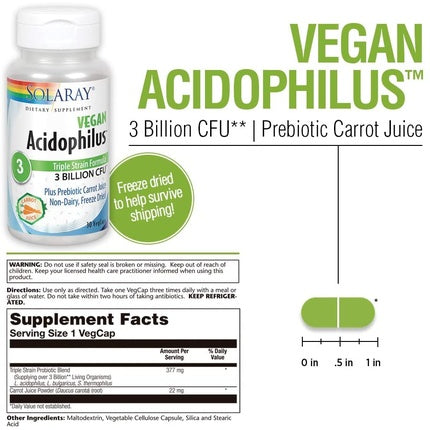 Solaray Acidophilus 3 Strain Probiotic & Prebiotic Carrot Juice 30 VegCaps 3 Billion CFU