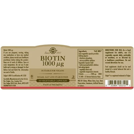 Solgar Biotin 1000mcg Vegetable Capsules 50 Count