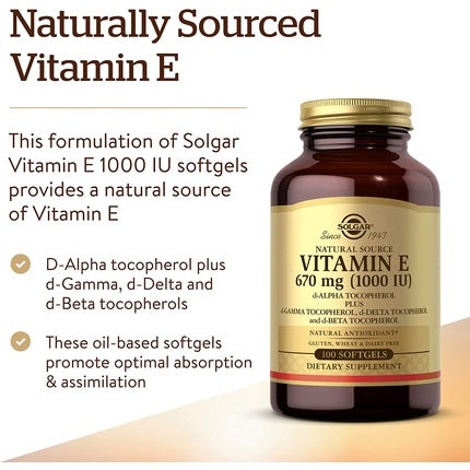 Solgar Natural Source Vitamin E 671mg Softgels - Supports Immune System and Protects Cells from Oxidative Stress