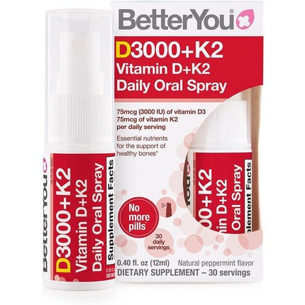 BetterYou Vitamin D3000+K2 Daily Oral Spray Natural Multivitamin and Immune System Support 12ml - 30 Daily Doses