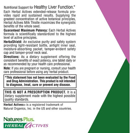 NaturesPlus Herbal Actives Milk Thistle Extended Release 500mg 80% Silymarin 30 Vegetarian Tablets