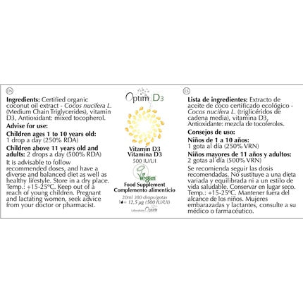 Plant-Based Vitamin D Supplement Vegan Vitamin D3 500 IU per Drop in Coconut Oil Children Adults Optim D3