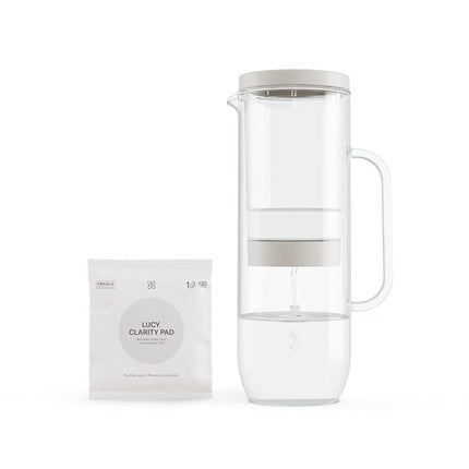 LUCY Water Filter Jug 2L with Clarity Pad Filter Cartridge Fridge Door - Dishwasher Safe and Borosilicate Glass Removes Pollutants Keeps Healthy Minerals Magnesium and Calcium Filter Carafe
