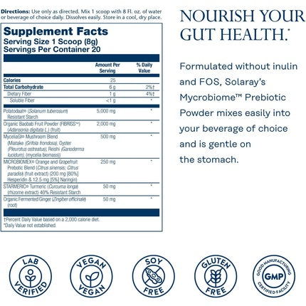 SOLARAY Mycrobiome Prebiotic Powder for Colon and Gut Health 20 Servings 5.64 OZ Unflavored
