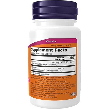 NOW Mega D-3 & MK-7 with Vitamins D-3 & K-2 Bone & Cardiovascular Support 60 Veg Capsules