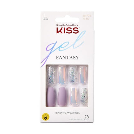 KISS Gel Fantasy Collection Fake Nails Manicure Set Rainbow Rings Long Length Coffin Shaped Purple Gel Nails with Mini Nail File Pink Gel Nail Glue and 28 Smudge-Proof Glue-On Nails