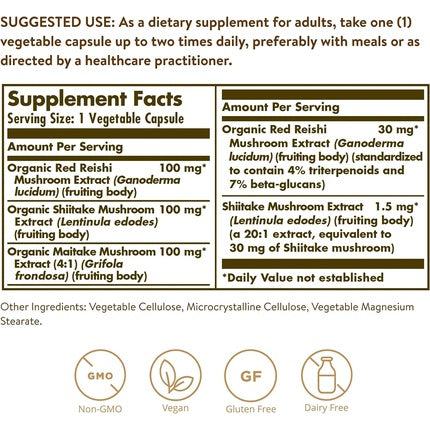 Solgar Reishi Shiitake Maitake Mushroom Extract Vegetable Capsules Combination of Japanese Mushrooms Gluten Free Vegan