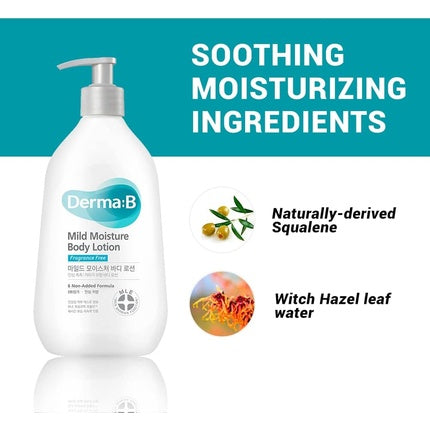 Derma B Mild Moisture Body Lotion Fragrance Free for Dry & Sensitive Skin with Witch Hazel and Squalane 13.5 Fl Oz 400ml