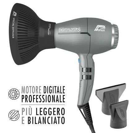 Parlux Digitalyon Pack with MagicSense Diffuser Professional Digital Hair Dryer with Negative Ions Made in Italy Glitter Gray