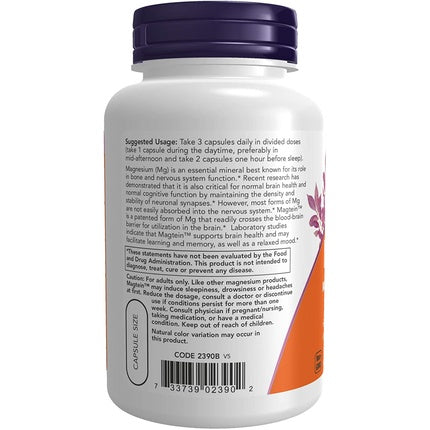 NOW Magtein Patented Magnesium Cognitive Support 90 Veg Capsules