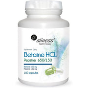 Aliness Betaine HCL 650mg Pepsin 150mg Digestive Enzymes Dietary Supplement Vegan Vegetarian 100 Capsules