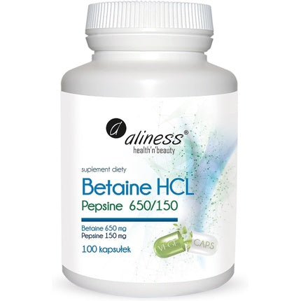 Aliness Betaine HCL 650mg Pepsin 150mg Digestive Enzymes Dietary Supplement Vegan Vegetarian 100 Capsules