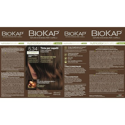 BIOKAP RAPID Permanent Hair Colour 5.34 Honey Chestnut Brown 10 Minutes Reaction Time Organic Argan Oil TricoREPAIR Complex Vegan Optimal Grey Coverage Up to 80% Natural Ingredients