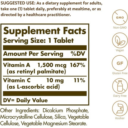 Solgar Dry Vitamin A 1500mcg 100 Tablets - Supports Healthy Eyes, Skin & Immune System - Non-GMO, Vegan, Gluten Free, Dairy Free, Kosher