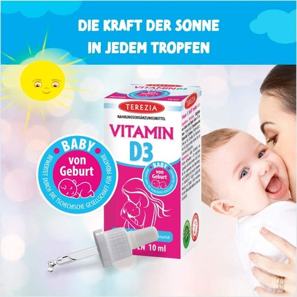 TEREZIA Vitamin D3 Drops for Children from Birth 400 IU 10ml - Liquid D3 to Support Dental and Bone Formation Suitable for Children and Nursing Mothers