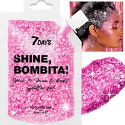 7DAYS Shine Bombita Glitter Gel for Face Hair Body Sparkling Face Paint with Chunky Sequins for Party Rave Festival Halloween Quick-Drying No Glue Holographic Makeup Pink 90ml