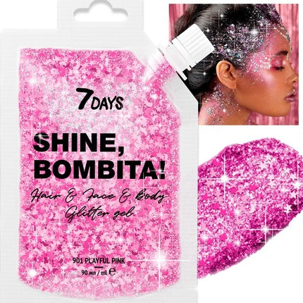 7DAYS Shine Bombita Glitter Gel for Face Hair Body Sparkling Face Paint with Chunky Sequins for Party Rave Festival Halloween Quick-Drying No Glue Holographic Makeup Pink 90ml