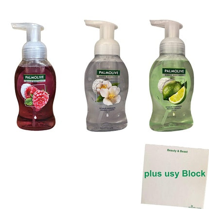Palmolive Magic Softness Foam Hand Soap Test Pack Raspberry Jasmine Lime 250ml Each with Busy Block