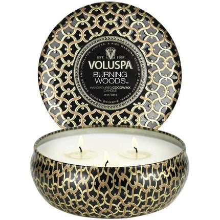 Voluspa Burning Woods 3 Wick Tin Candle Jar 12 Oz 40 Hour Burn Time