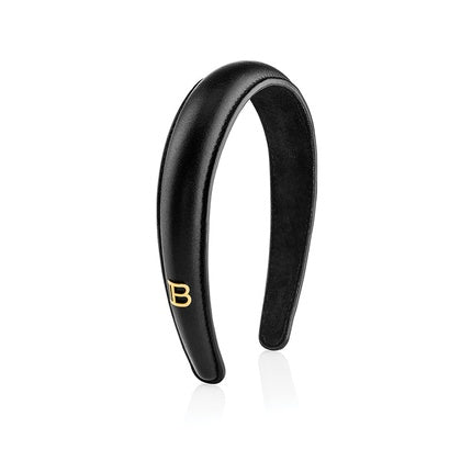 Balmain Paris Black Leather Puffed Headband With Gold Plated Logo