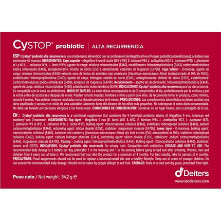 Deiters Cystop Probiotic Alta Recurrencia 60 Tablets
