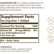 Solgar Vitamin D3 400 IU Softgels Cholecalciferol Keeps Bones and Teeth Healthy Supports Muscle Function and Immunity Vegetarian