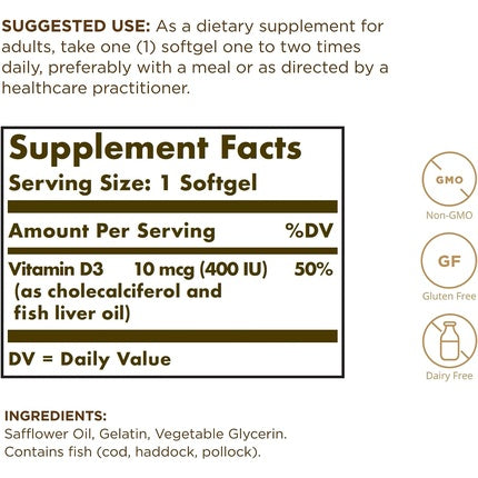 Solgar Vitamin D3 400 IU Softgels Cholecalciferol Keeps Bones and Teeth Healthy Supports Muscle Function and Immunity Vegetarian